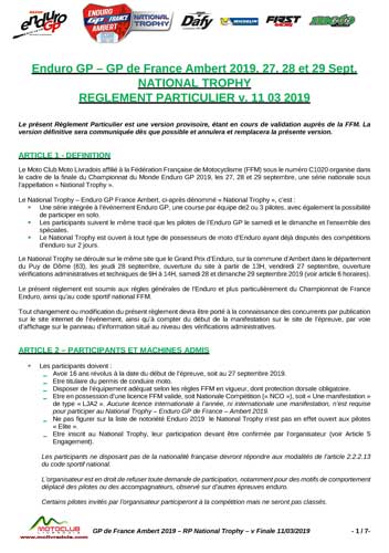 National Trophy DAFY Michelin FIRST - Règlement Particulier